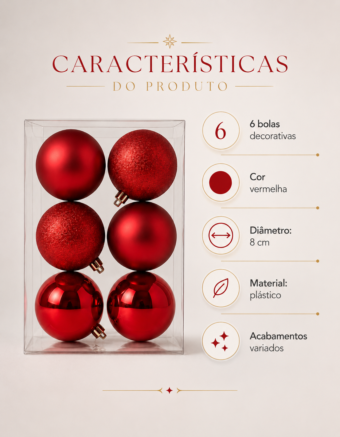 Set of 6 Red Christmas Ornaments 8cm - Shiny, Matte and Glitter
