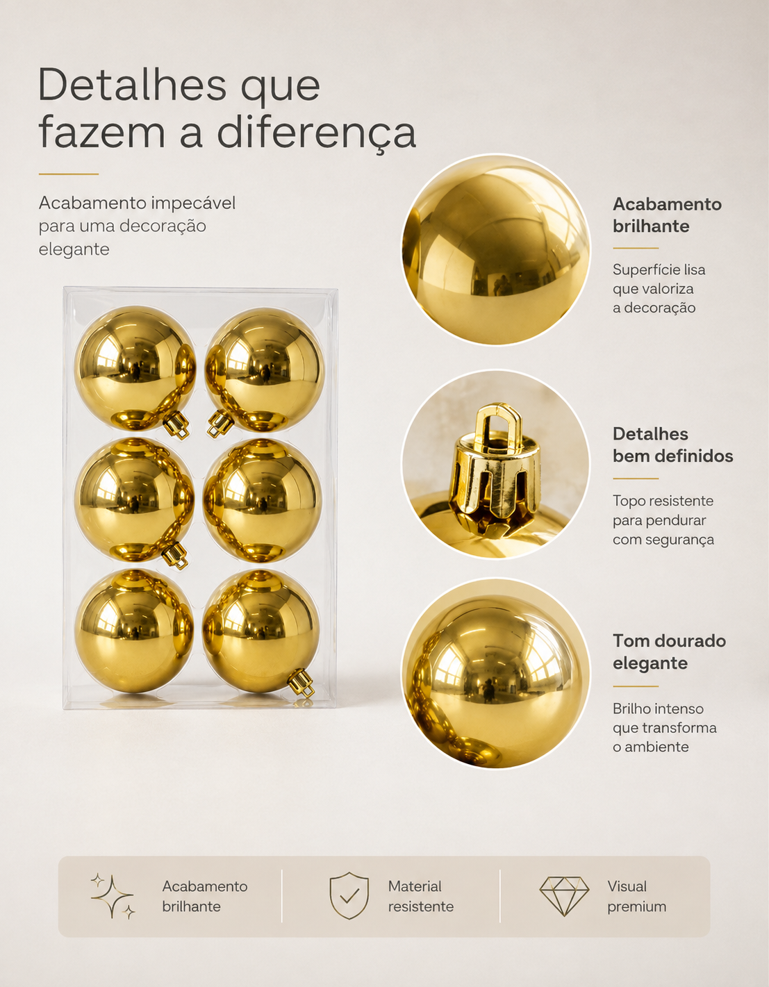 Set of 6 Gold Shiny Christmas Ornaments 8cm