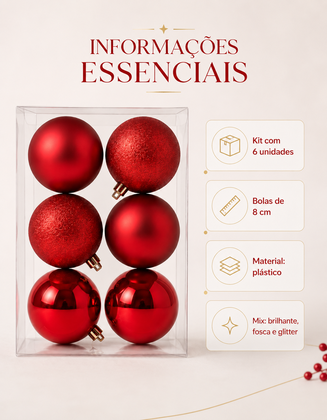 Set of 6 Red Christmas Ornaments 8cm - Shiny, Matte and Glitter