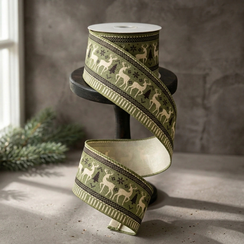 Reindeer Christmas Wired Ribbon 9m