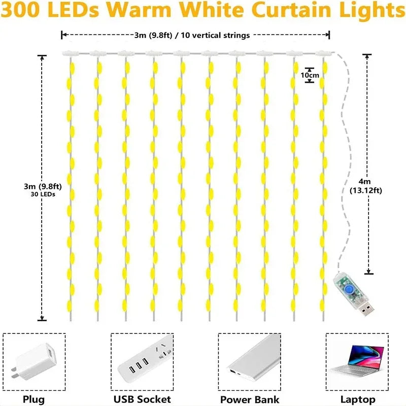LED Curtain Fairy Lights with Remote - USB Powered, 8 Modes