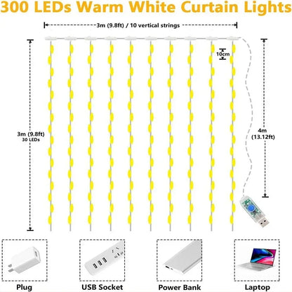 LED Curtain Fairy Lights with Remote - USB Powered, 8 Modes