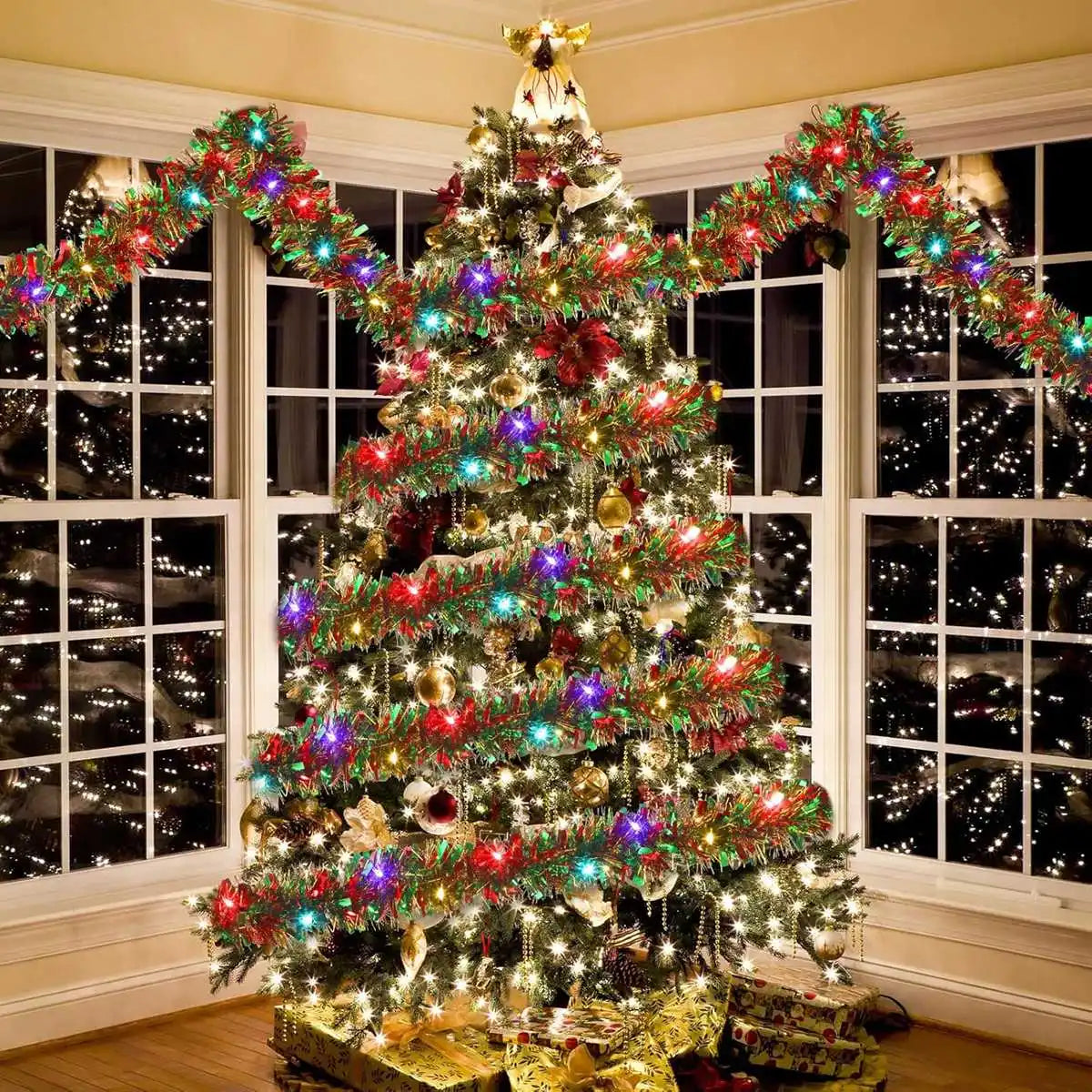 Shiny Metallic Tinsel Garland with LED Lights