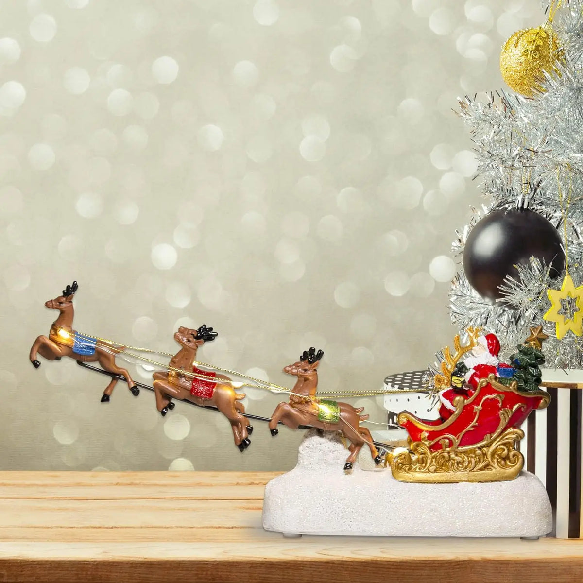 Light-Up Santa Sleigh with Reindeer Figurine