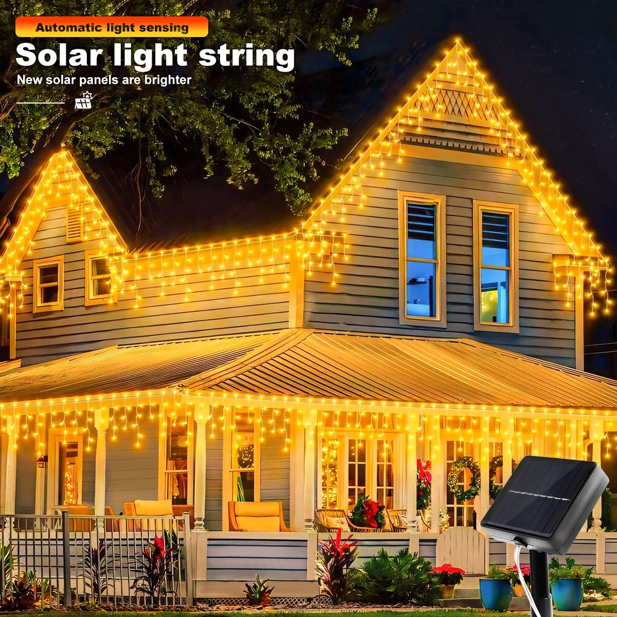 Solar Icicle Curtain Lights - 162 LEDs, Waterproof, 8 Modes