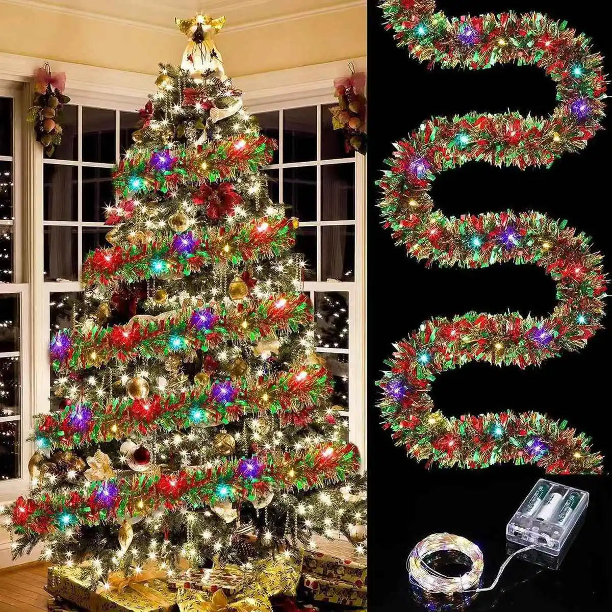 Shiny Metallic Tinsel Garland with LED Lights
