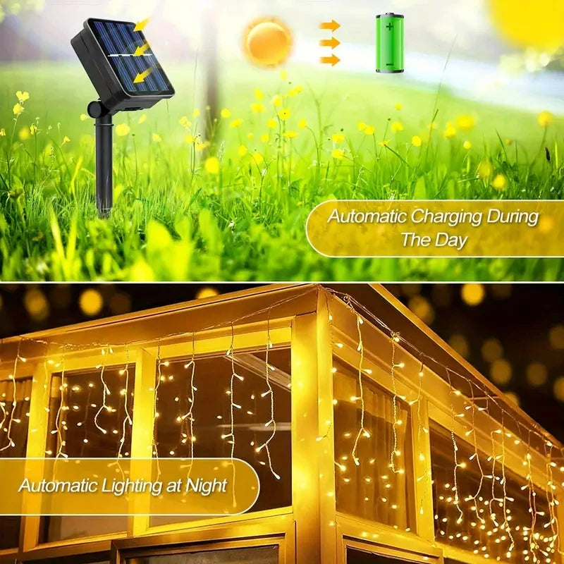 Solar Icicle Curtain Lights - 162 LEDs, Waterproof, 8 Modes