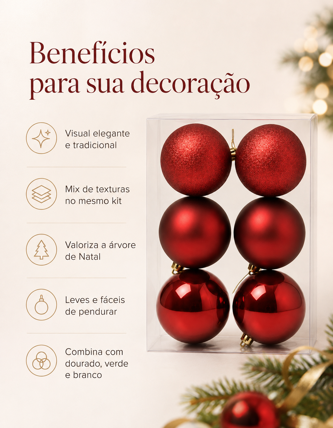 Set of 6 Dark Red Christmas Ornaments 8cm - Shiny, Matte and Glitter