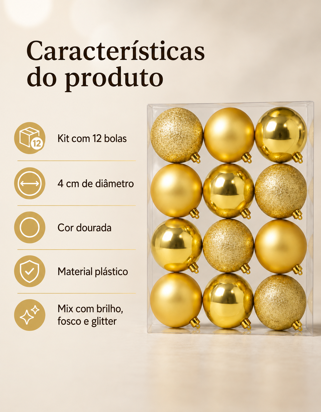 Set of 12 Gold Christmas Ornaments 4cm - Shiny, Matte and Glitter