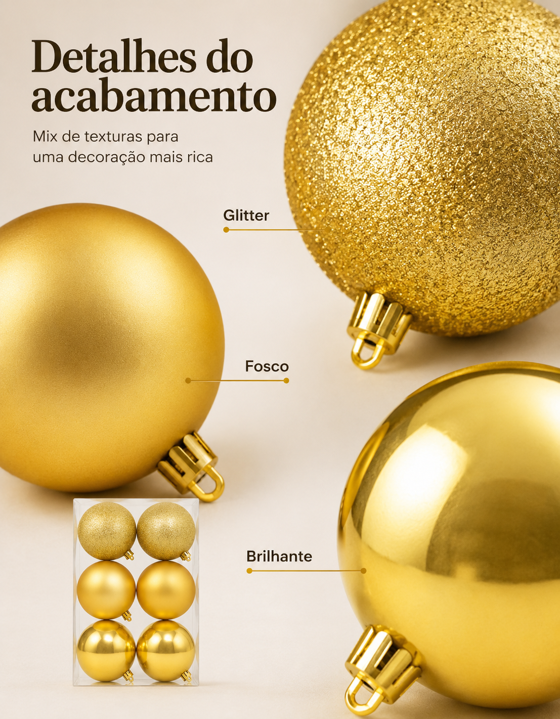 Set of 6 Gold Christmas Ornaments 8cm - Shiny, Matte and Glitter