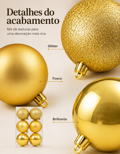 Set of 6 Gold Christmas Ornaments 8cm - Shiny, Matte and Glitter