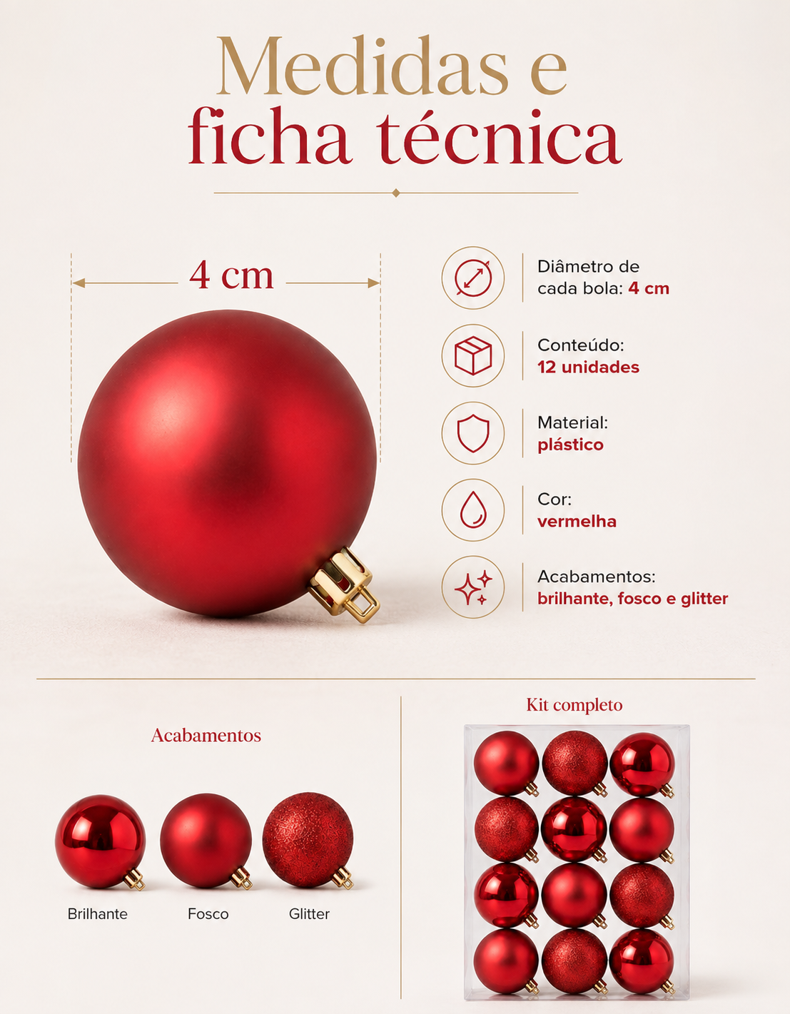 Set of 12 Red Christmas Ornaments 4cm - Shiny, Matte and Glitter