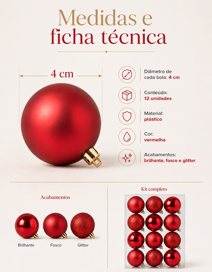 Set of 12 Red Christmas Ornaments 4cm - Shiny, Matte and Glitter