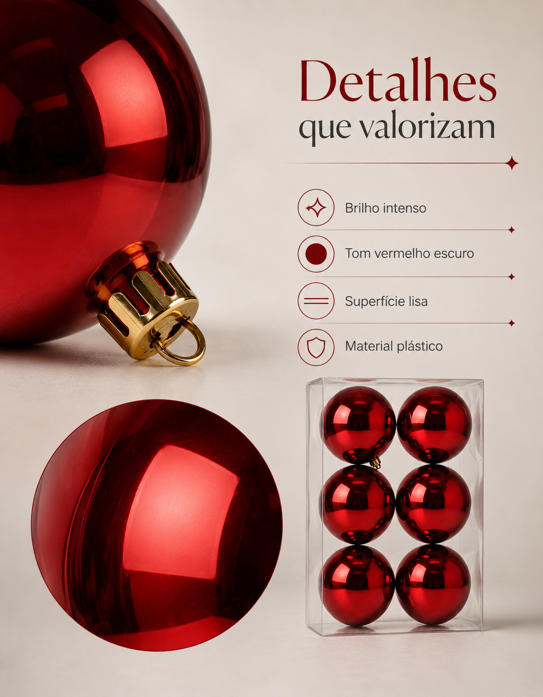 Set of 6 Dark Red Shiny Christmas Ornaments 8cm