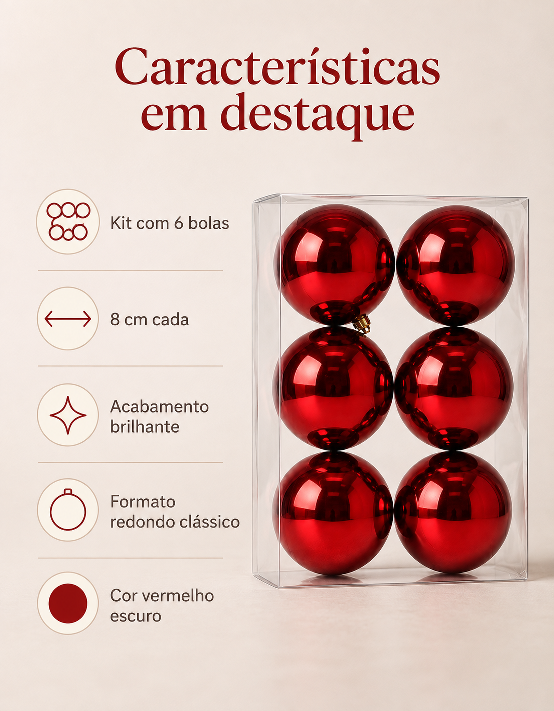 Set of 6 Dark Red Shiny Christmas Ornaments 8cm