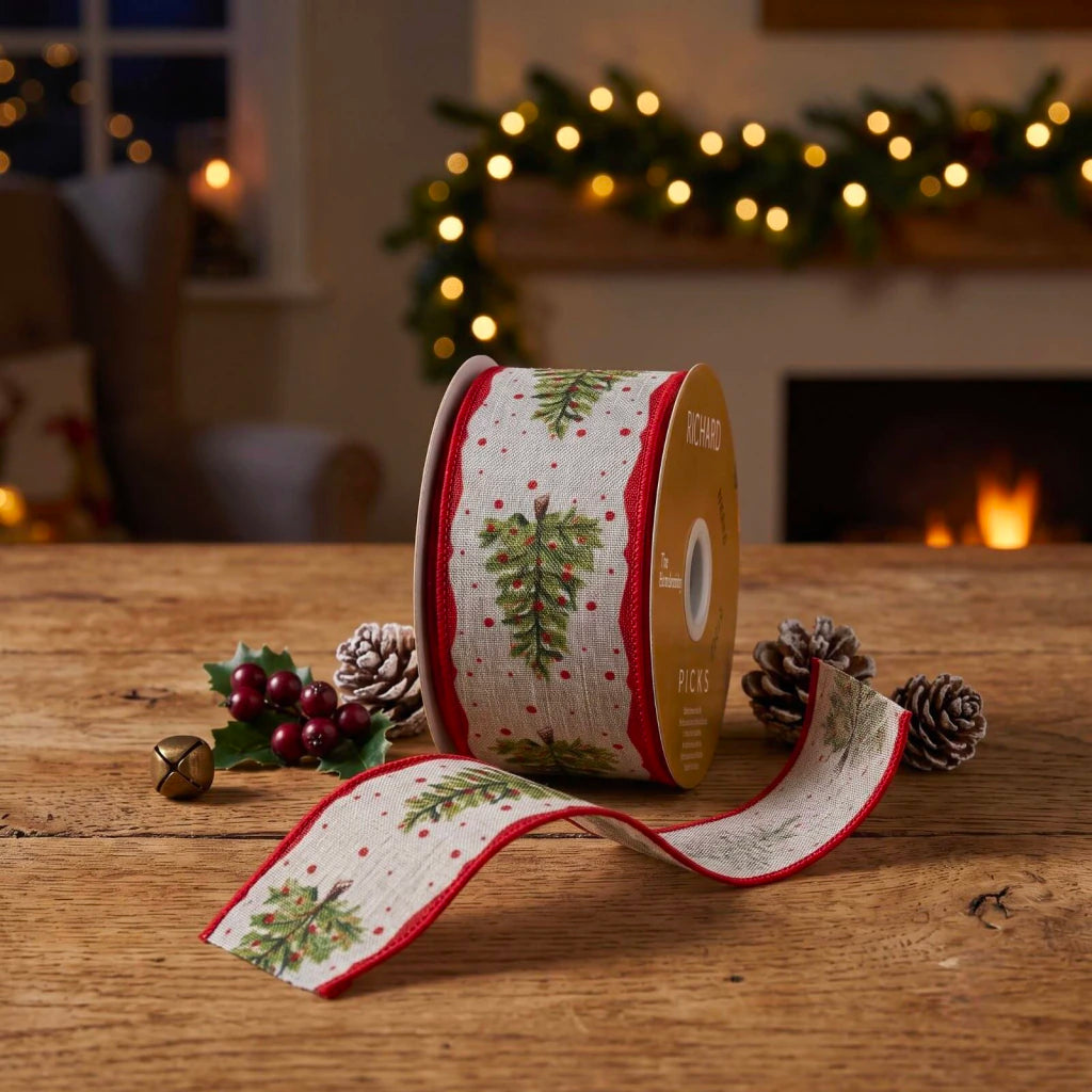 Linen Wired Ribbon with Christmas Tree Print 9m
