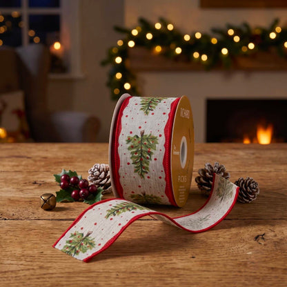 Linen Wired Ribbon with Christmas Tree Print 9m