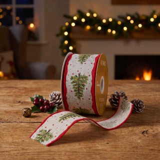Linen Wired Ribbon with Christmas Tree Print 9m