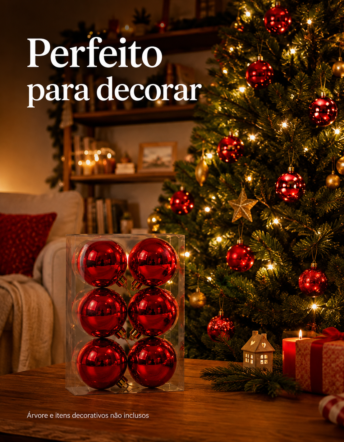 Set of 6 Red Shiny Christmas Ornaments 8cm