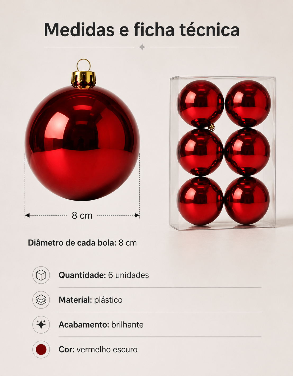 Set of 6 Dark Red Shiny Christmas Ornaments 8cm