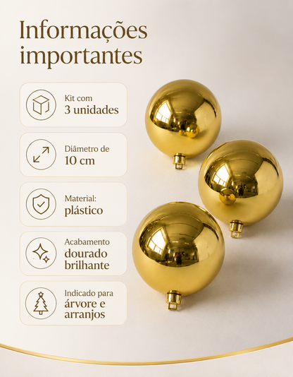 Set of 3 Gold Shiny Christmas Ornaments 10cm