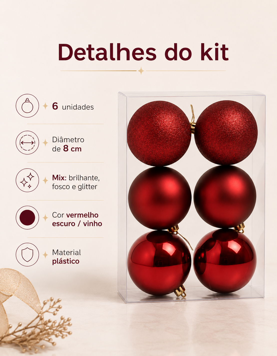 Set of 6 Dark Red Christmas Ornaments 8cm - Shiny, Matte and Glitter