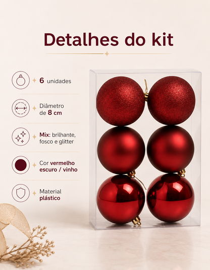 Set of 6 Dark Red Christmas Ornaments 8cm - Shiny, Matte and Glitter