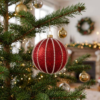 Red and White Christmas Ball Ornaments 10cm Set of 2
