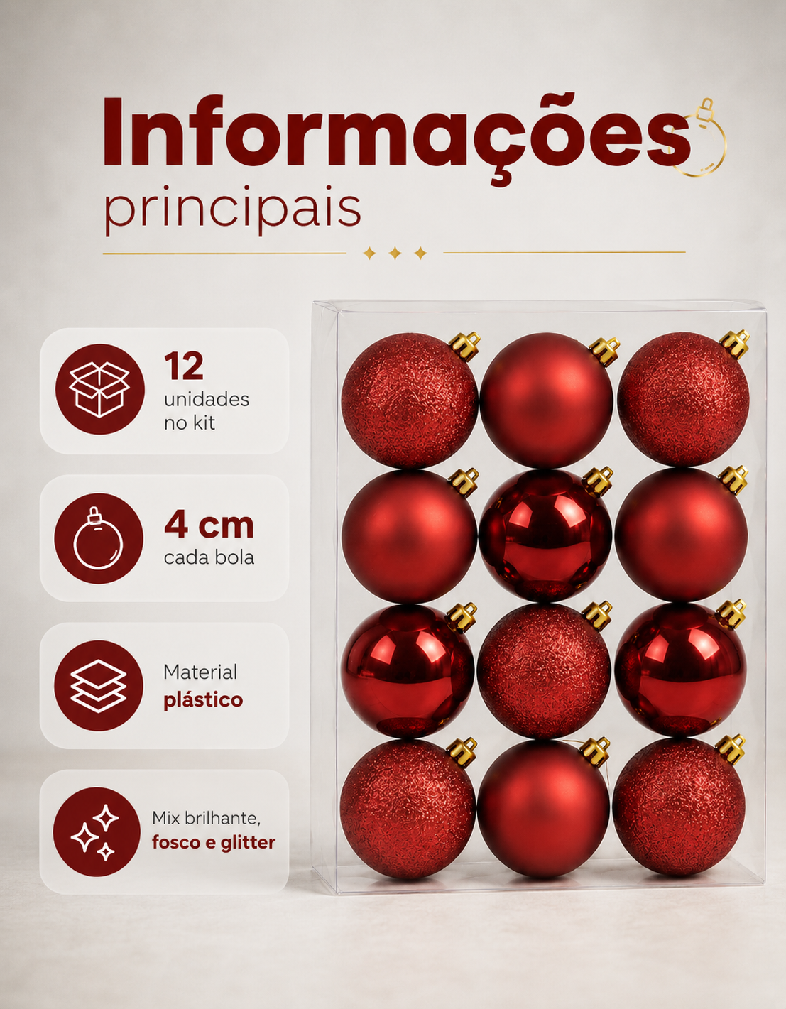 Set of 12 Dark Red Christmas Ornaments 4cm - Shiny, Matte and Glitter