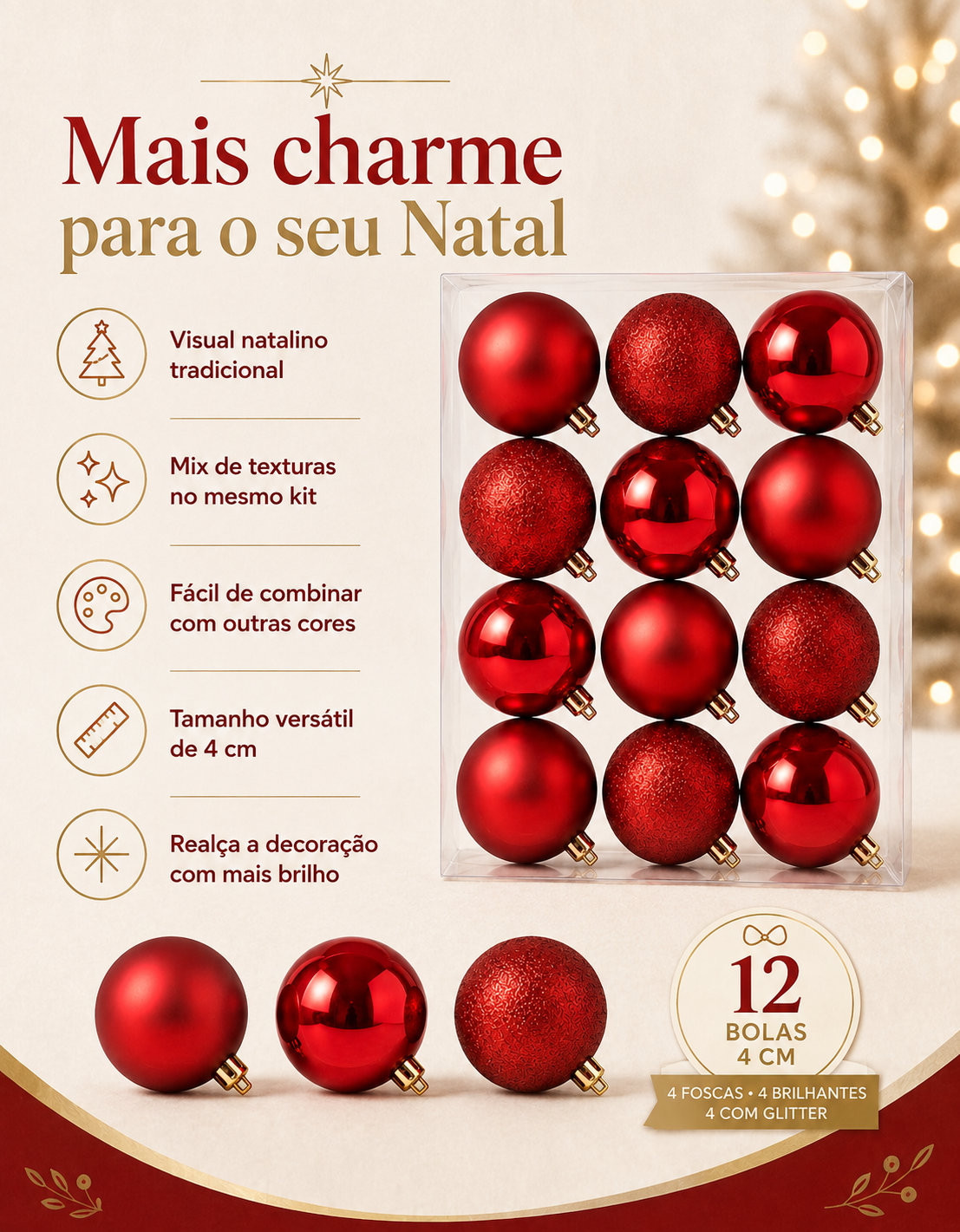 Set of 12 Red Christmas Ornaments 4cm - Shiny, Matte and Glitter