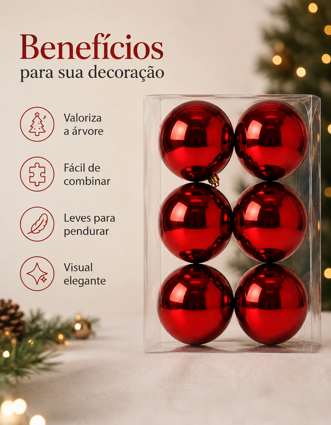 Set of 6 Dark Red Shiny Christmas Ornaments 8cm