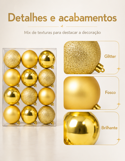 Set of 12 Gold Christmas Ornaments 4cm - Shiny, Matte and Glitter