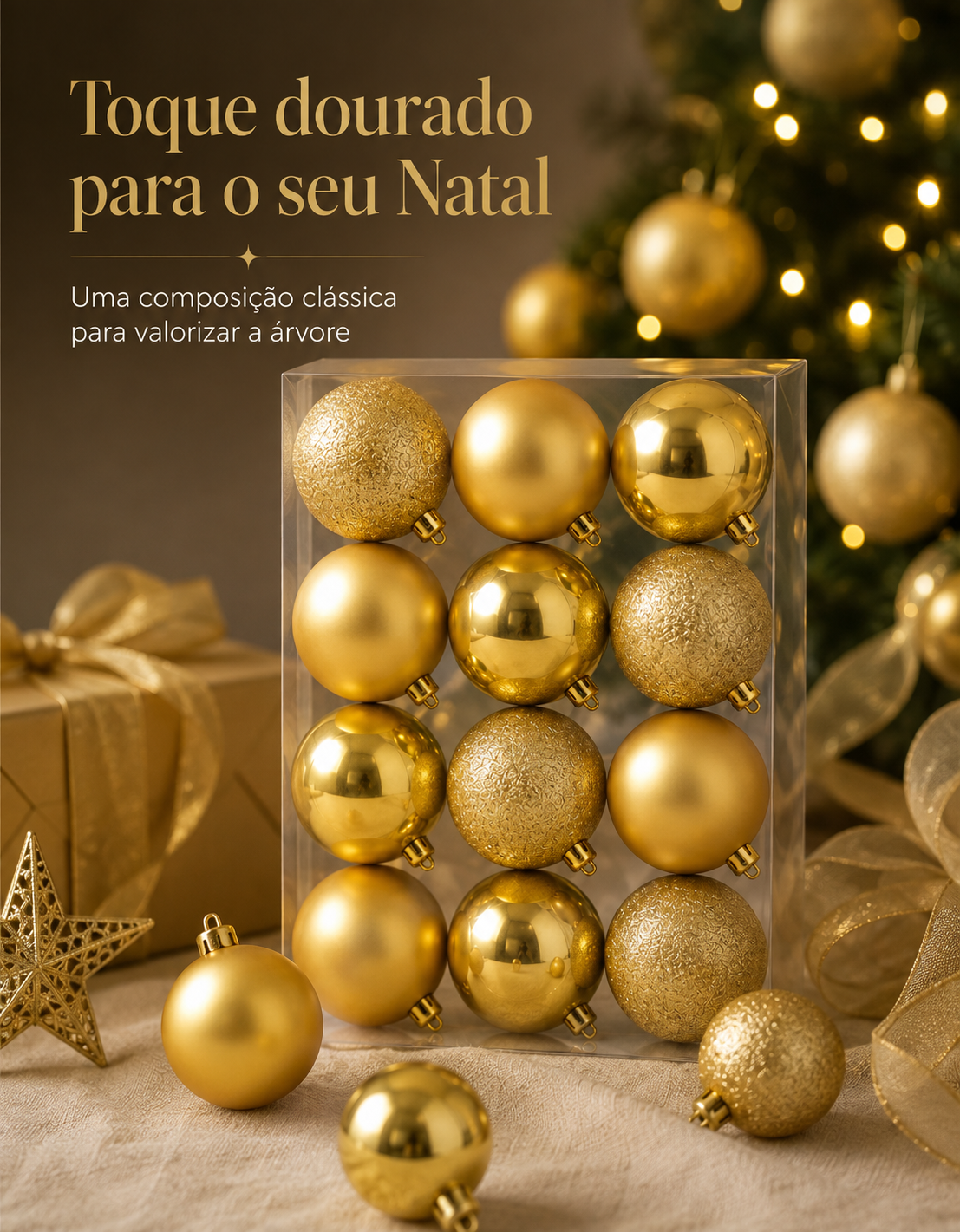 Set of 12 Gold Christmas Ornaments 4cm - Shiny, Matte and Glitter