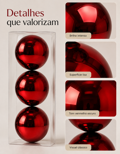 Set of 3 Dark Red Shiny Christmas Ornaments 10cm