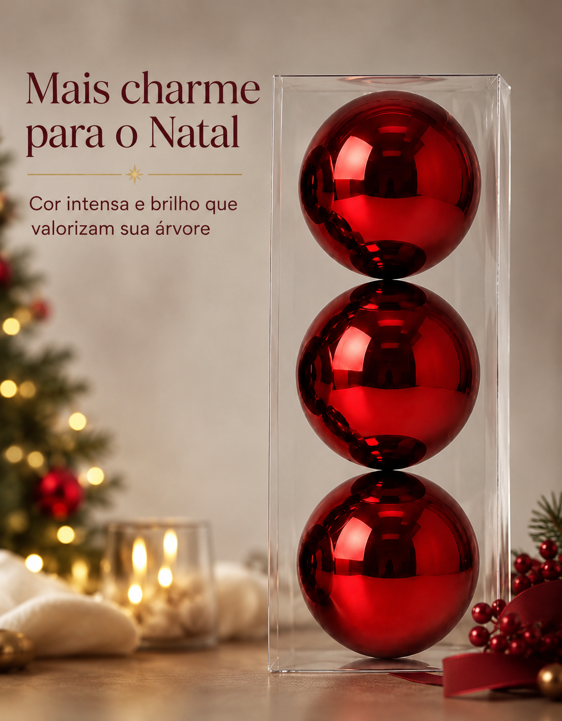 Set of 3 Dark Red Shiny Christmas Ornaments 10cm