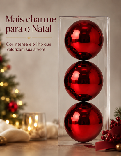 Set of 3 Dark Red Shiny Christmas Ornaments 10cm