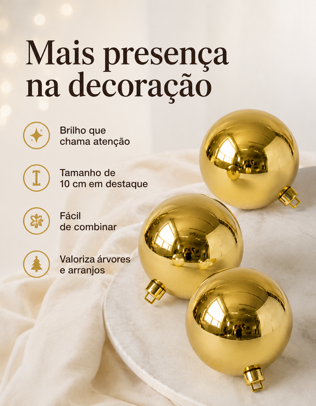 Set of 3 Gold Shiny Christmas Ornaments 10cm