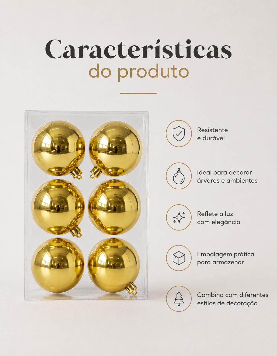 Set of 6 Gold Shiny Christmas Ornaments 8cm
