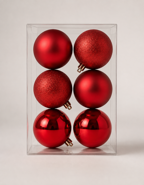 Set of 6 Red Christmas Ornaments 8cm - Shiny, Matte and Glitter