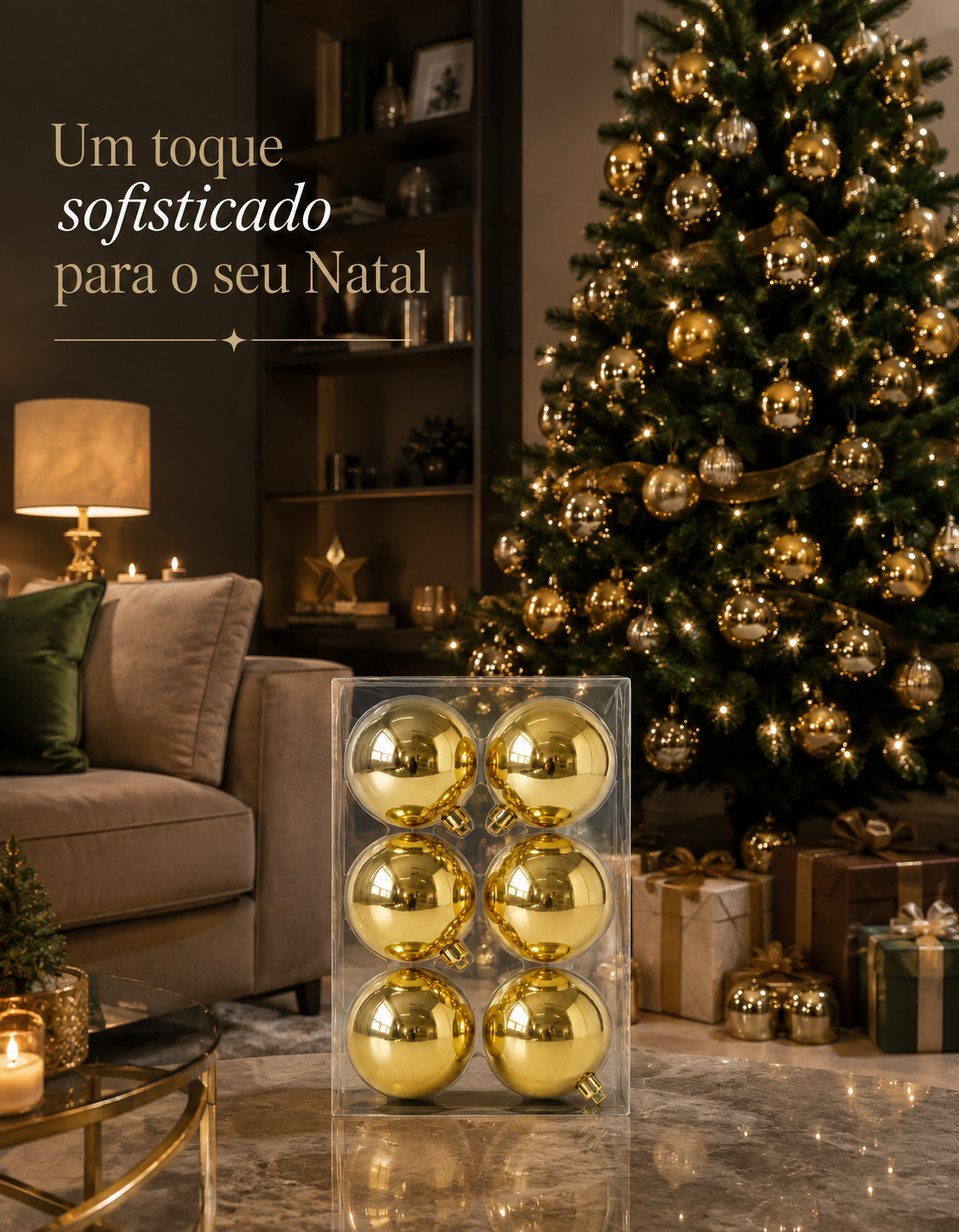 Set of 6 Gold Shiny Christmas Ornaments 8cm