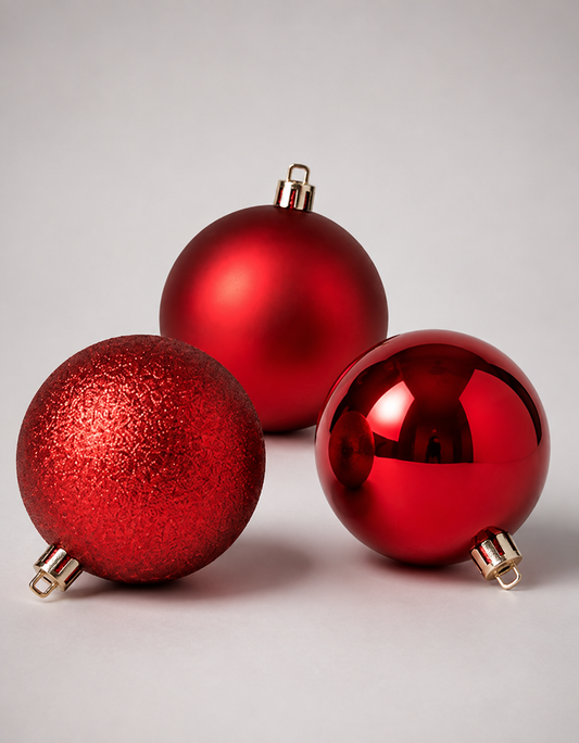 Set of 3 Red Christmas Ornaments 10cm - Shiny, Matte and Glitter